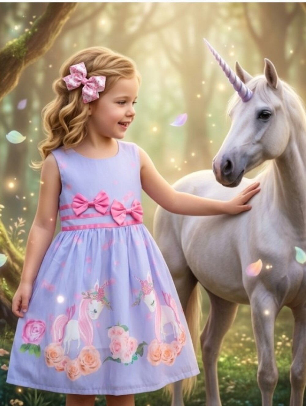 Sunny Fashion Girls Unicorn Floral Dress & Matching Bow Set Size 4/5